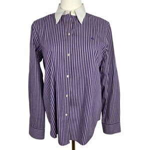 Lauren Ralph Lauren Button Shirt M Logo White Collar Purple Stripes LS Preppy